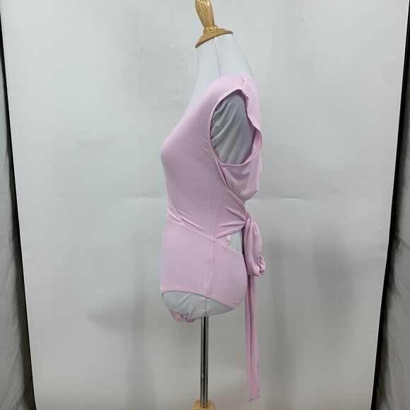 BCBGeneration Bodysuit Womens XS Extra Small Pink Cut Out Surplice Wrap Tie Knit - Picture 5 of 12
